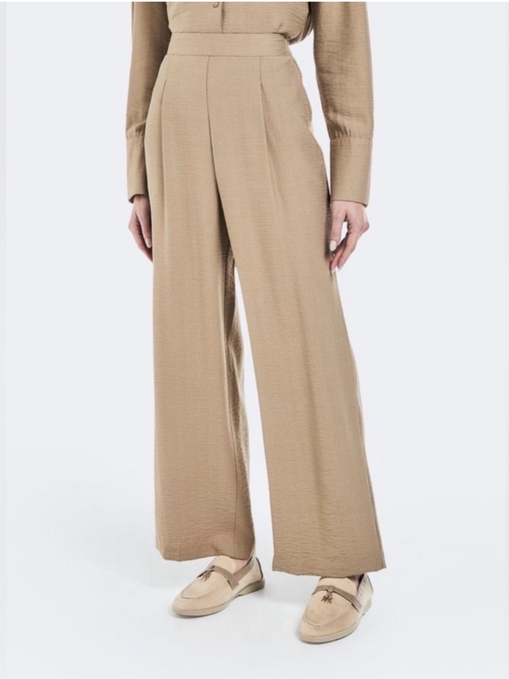 Solid crinkle trouser tan beige elastic waistband pants slip on bottoms